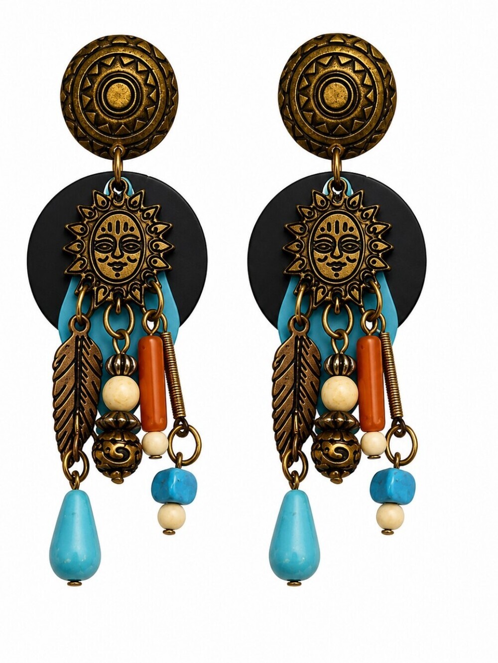 Vtg NEWPRO 1980s Boho Southwestern Sun Feather Festival Dangle Earrings